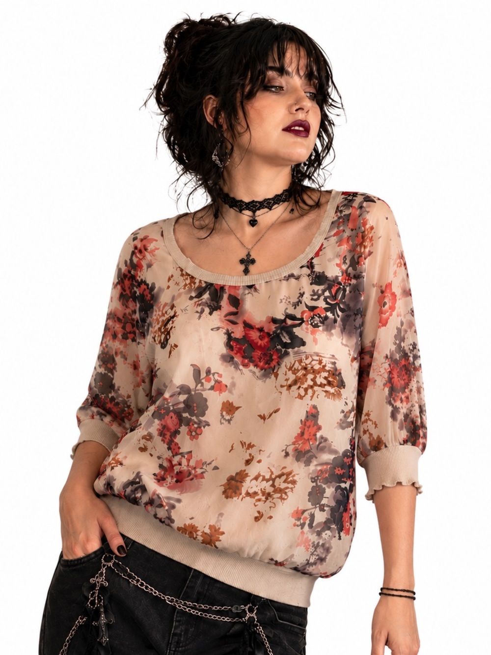 FANG Floral Semi-Sheer Blouse Watercolor Half Sleeve Romantic Cottagecore Boxy L